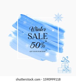 Winter Sale 50% off sign over magic holiday art paint background vector. Perfect christmas design for shop banner.