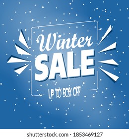 Winter sale, up to 50% off. Snowy blue background poster. Snowy blue background banner.