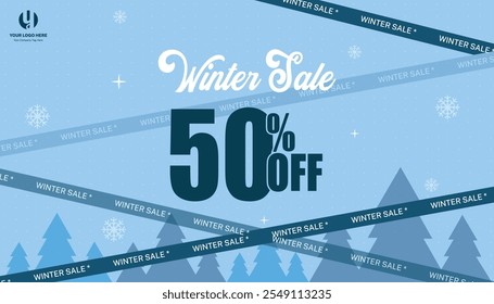 Winter Sale 50% Off vector banner design with blue sale text in white snow background for end of season shopping promotion. Vector illustration.