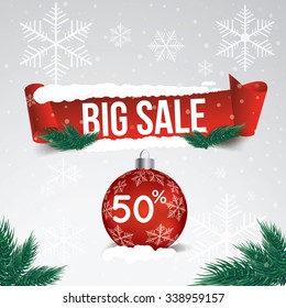 Winter sale 50 percent. Winter sale background with red ribbon banner and snow. Sale. Winter sale. Christmas sale. New year sale. Vector illustration