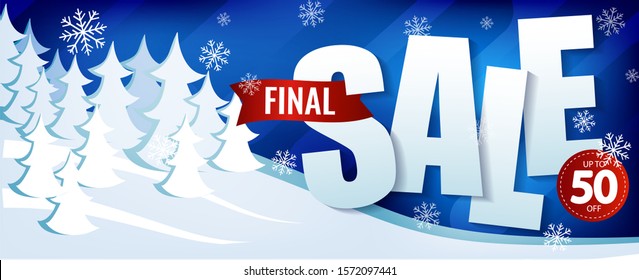 winter sale up to 50 percent. Paper style text on the background of winter snow forest. Christmas Banner to advertise the store. Vector horizontal promo illustration.