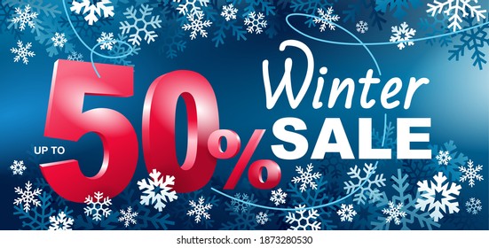 Winter Sale up to 50 percents off banner template in seasonal decoration - blue snowflake vector background - promo advertising