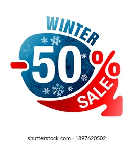 Winter Sale up to 50 percents off badge or tag sticker template in seasonal decoration - blue snowflake vector background - promo advertising