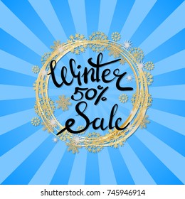 Winter sale 50 % poster in decorative frame made of silver and golden snowflakes and round circles, snowballs of gold in x-mas border isolated on blue vector