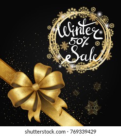 Winter sale 50 % poster in decorative frame, silver and gold snowflakes of gold glitter on black and bow on ribbon in corner on black vector