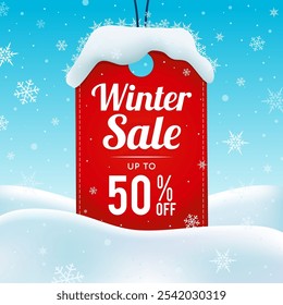 Winter sale 50%off promotion vector illustration. Price tag with snowflakes background	