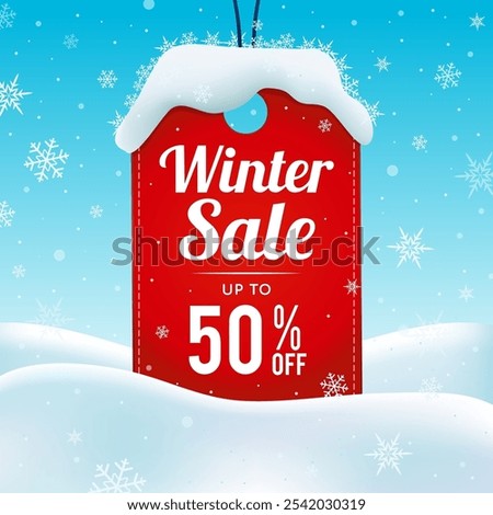 Winter sale 50%off promotion vector illustration. Price tag with snowflakes background	