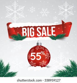 Winter sale 55 percent. Winter sale background with red ribbon banner and snow. Sale. Winter sale. Christmas sale. New year sale. Vector illustration