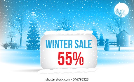 Winter sale 55 percent. Big winter sale poster with snowflakes