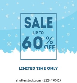 Winter sale 60% banner, poster, flyer template in the frame of snow on blue snowflakes background. Special seasonal offer. Hand lettering inscription. Vector illustration