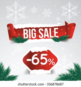 Winter sale 65 percent. Winter sale background with red ribbon banner and snow. Sale. Winter sale. Christmas sale. New year sale. Vector illustration