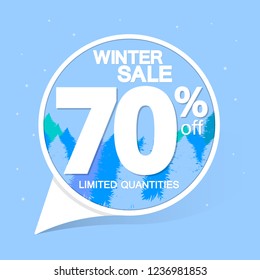 Winter Sale, 70% off, speech bubble banner design template, mega discount tag, big promo, clearance sales, vector illustration