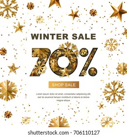 Winter sale 70 percent off, vector banner with 3d gold stars and snowflakes. Paper cut style 70% discount, golden white background. Layout for holiday poster, labels, flyers and shopping.