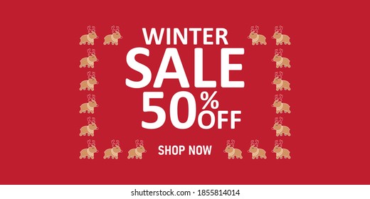 Winter sale abstract background with text "50% off shop now", Vector Banner for shop.	