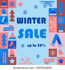 Winter sale abstract square banner in geometric style. Related elements to winter in simple geometric shapes, vector flat style. Good for advertisement and trading