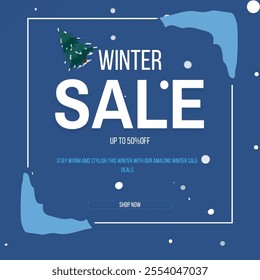  winter sale advertisement with deep navy-blue background and white winter sale text and ”UP TO 50% OFF” in a smaller font and SHOP NOW in a rectangular button and square box shape adding all of these