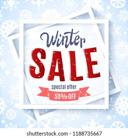 Winter sale advertisement design, realistic red and yellow leaves, square frame banner, vector illustration