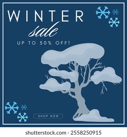 Winter sale advertisement vector illustration design blue background and snow flakes and snow tree 
white  winter sale up to 50% off text Eps 10 Illistrator.