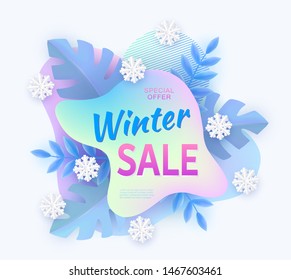 Winter sale advertising banner with abstract curved shape, leaves and snowflakes the vector illustration isolated on white background. Holiday offer and discount concept.