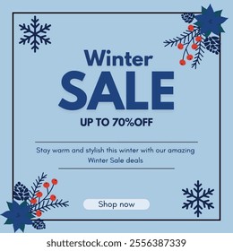 Winter sale advertisment vector illustration  graphic design with Light-blue square graphic with a dark-navy-blue border and navy blue winter sale text and up to 70% text with snow flakes.