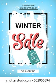 Winter sale background, banner with hand drawn texture and snow.  