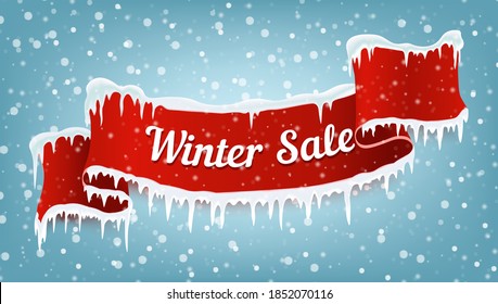 Winter sale background banner with red realistic ribbon, icicles and falling snow. Vector illustration.