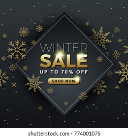 Winter sale background banner template design with snowflake. Seasonal advertising for Christmas and Happy new year. Vector illustration
