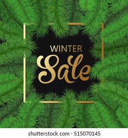 Winter sale background, banner. XMAS tree frame, border.