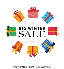 Winter sale background with black letters,gifts and snowflakes.