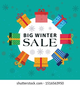 Winter sale background with black letters,gifts and snowflakes.