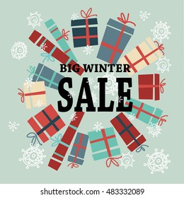 Winter sale background with black letters,gifts and snowflakes. Christmas sale. New year sale. Vector illustration