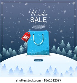 Winter sale background with blue bag