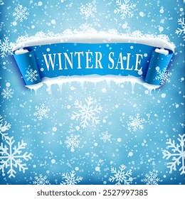 Winter sale background with blue realistic ribbon banner and snow. Winter sale. Christmas sale. New year sale. Vector illustration