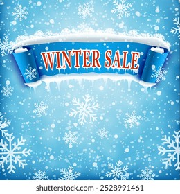 Winter sale background with blue realistic ribbon banner and snow. Winter sale. Christmas sale. New year sale. Vector illustration