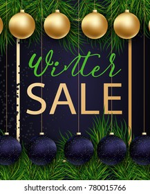 Winter sale background. With fir tree branches and new year balls, garland in Golden Frame. Card, Template