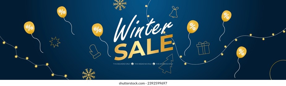Winter sale background with golden balloon. Christmas Winter Product sale background. Merry Christmas and Happy New Year vector banner. Vector illustration