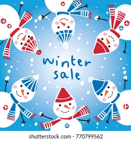 Winter sale.  Background with hand drawn cute snowmen. Happy New Year 2018. Doodles, sketch for your design. Vector.