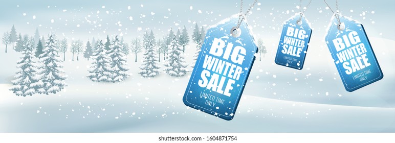 Winter Sale Background with winter landscape and forest. Vector