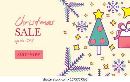 Winter sale background with linear christmas tree, gifts, snowflakes and fir branches. Christmas sale and New year sale. Vector illustration horisontal banner with typographic text sample