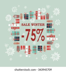 Winter sale background with red letters,gifts and snowflakes.  Christmas sale. New year sale. Vector illustration