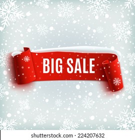 Winter sale background with red realistic ribbon banner and snow. Sale.  Winter sale. Christmas sale. New year sale. Vector illustration