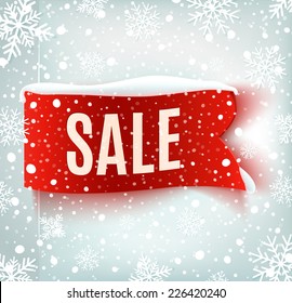 Winter sale background with red realistic ribbon banner and snow. Sale. Winter sale. Christmas sale. New year sale. Vector illustration