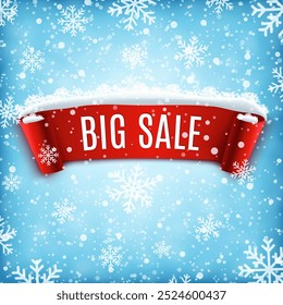 Winter sale background with red realistic ribbon banner and snow. Christmas sale. New year sale. Vector illustration