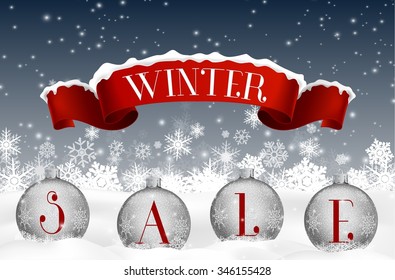 Winter sale background with red realistic ribbon banner and balls.vector