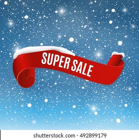 Winter sale background with red realistic ribbon banner and snow.