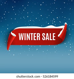 Winter sale background with red realistic ribbon. Winter poster or banner promotional design with snow. Vector discount marketing element.