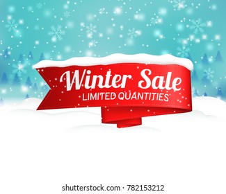 Winter sale background with red realistic ribbon banner and snow. Vector illustration