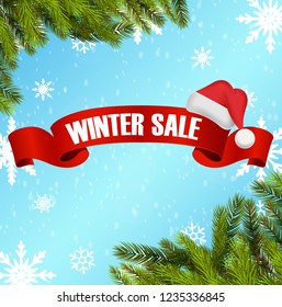 Winter sale background with red ribbon and santa hat banner