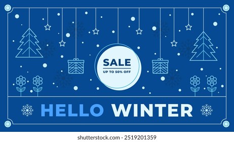 A winter sale background with snow, trees, flowers, snowflakes, and gifts. Line vector illustration.