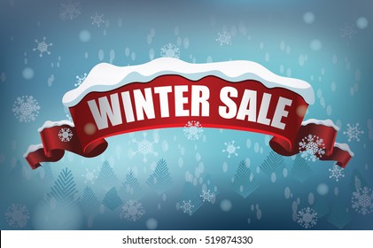 Winter sale background with snow-covered red ribbon and copy space. EPS 10 vector.